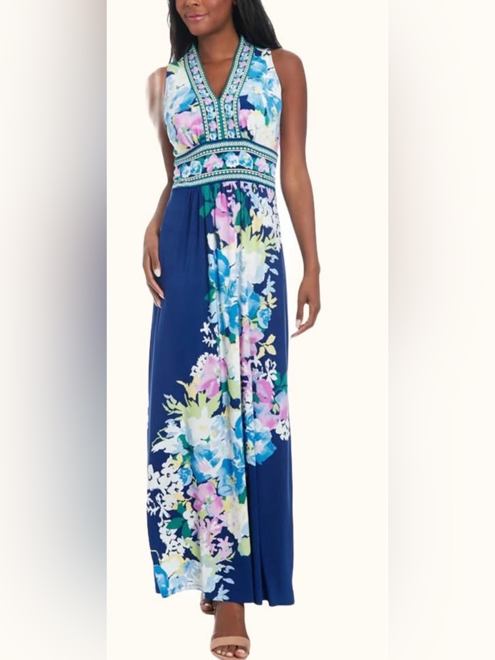 London Times V-Neck Sleeveless Navy Floral Maxi Dress; NWT, Sz. 10